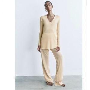 NWT ZARA 2 PIECES LONG RIB KNIT TOP + RIBBED HEM KNIT PANTS ECRU